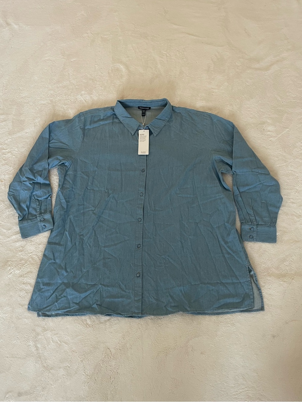 Eileen Fisher Airy Organic Cotton Twill Classic Collar Shirt in Washed Indigo 1X - Picture 2 of 7